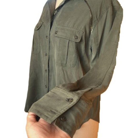 Free People Off Campus Shirt Moss Olive Metallic, utility boho army button down - Picture 10 of 16